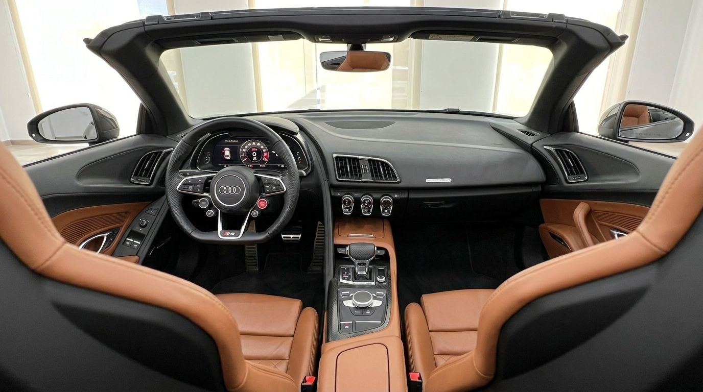 El lujoso interior del Audi R8 Spyder en Marbella, mostrando asientos de cuero marrón, un volante deportivo y un salpicadero moderno.