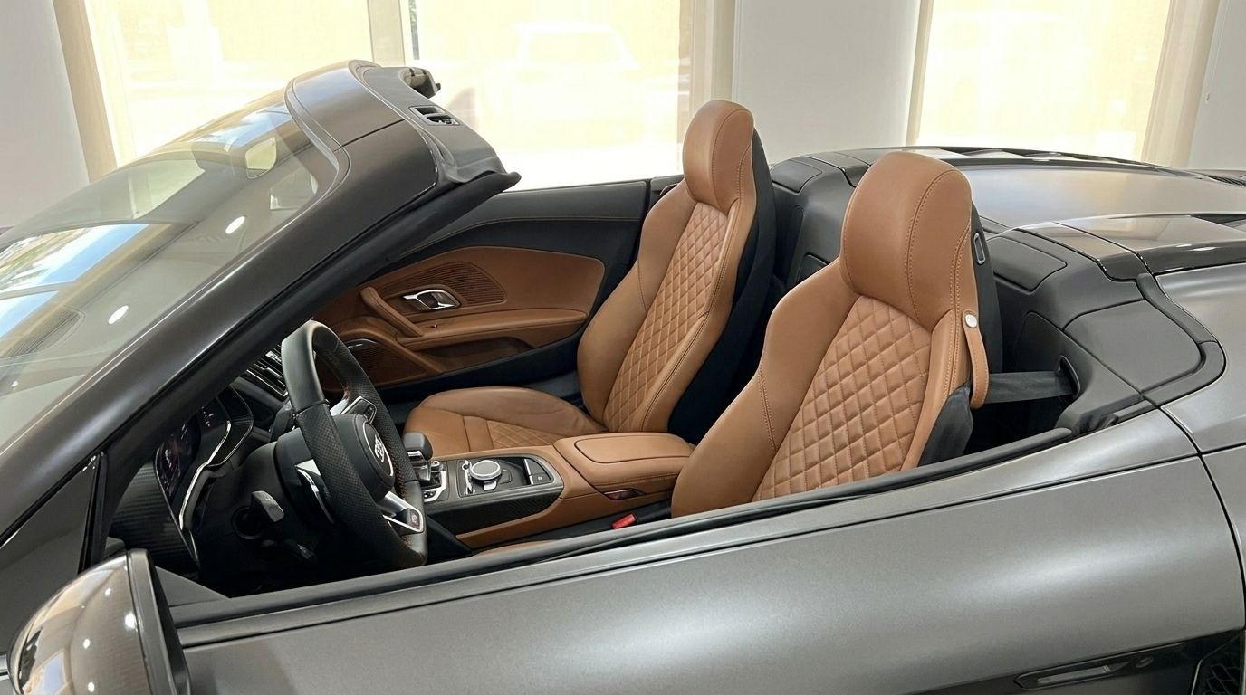 El lujoso interior de cuero marrón con asientos acolchados y salpicadero del Audi R8 Spyder descapotable en Marbella.