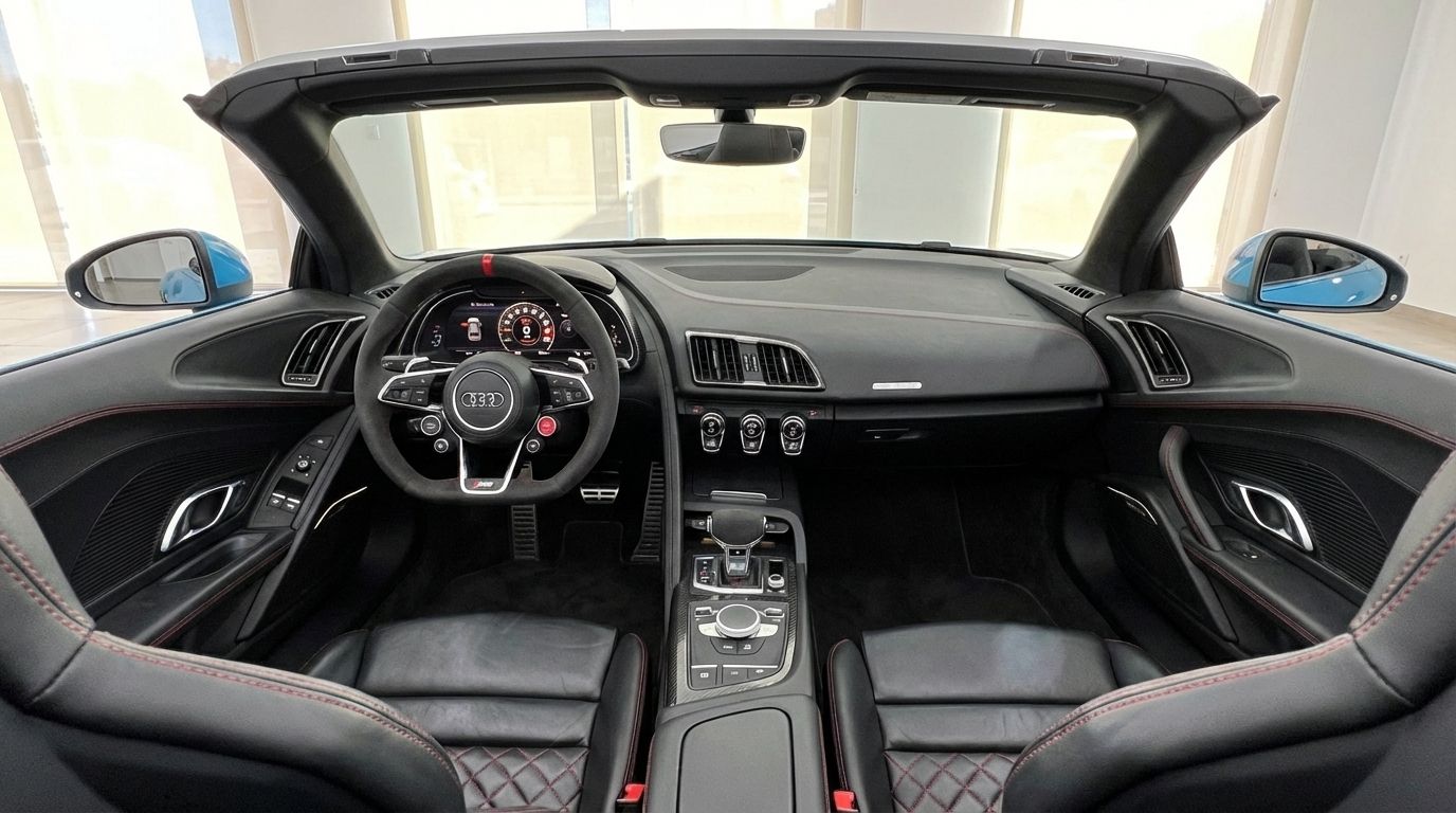 El lujoso interior del Audi R8 Spyder en Madrid, mostrando el salpicadero, el volante y los asientos de cuero negro con costuras rojas.