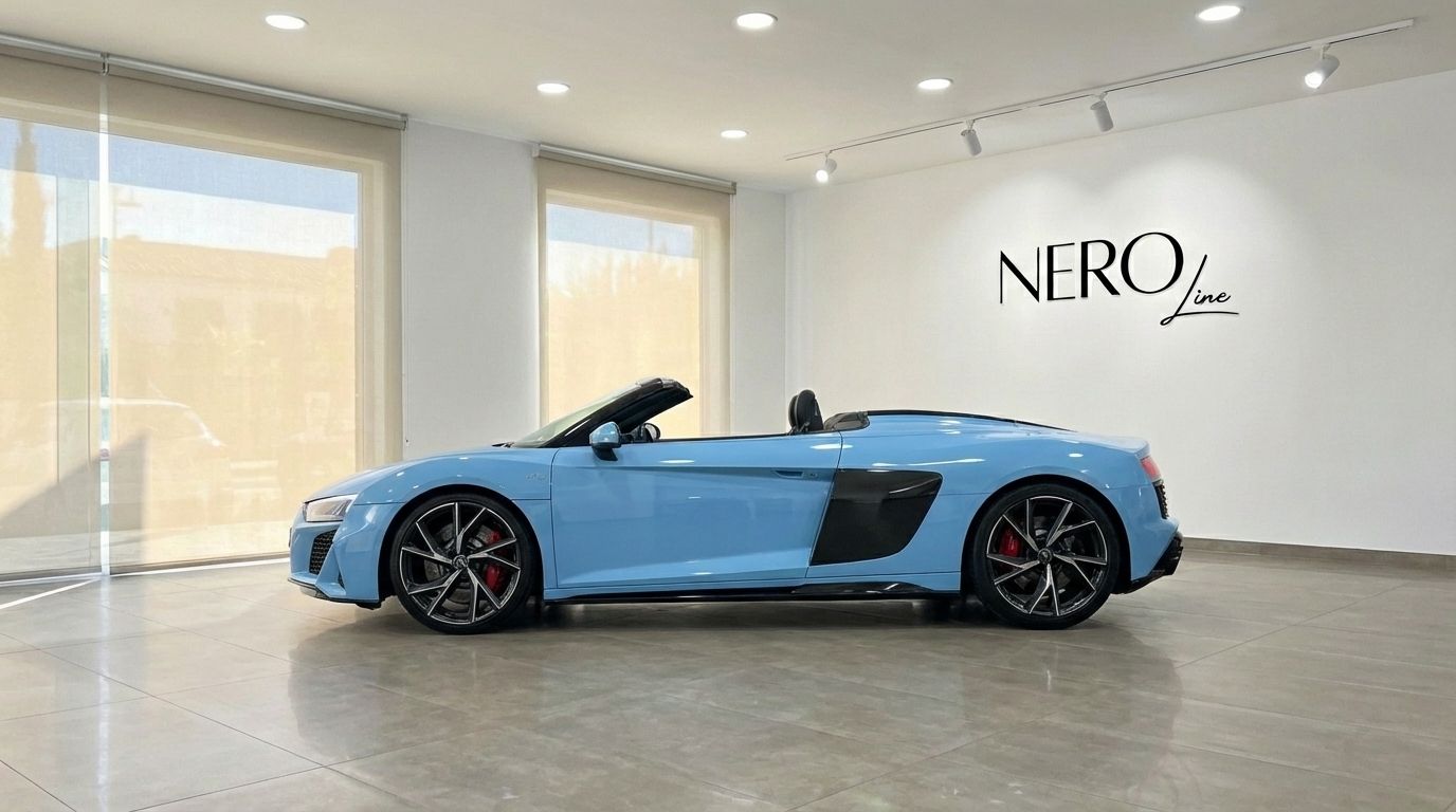 Un Audi R8 Spyder descapotable azul claro está aparcado de lado con la capota bajada en un luminoso showroom en Madrid, mostrando su perfil elegante.