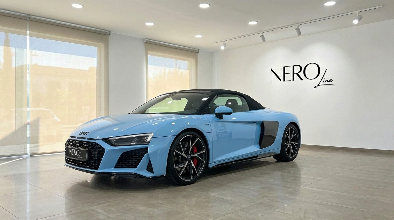 Audi R8 Spyder — Vista tres cuartos frontal, Madrid Un Audi R8 Spyder descapotable azul claro se exhibe desde una vista tres cuartos frontal dentro de un concesionario en Madrid.