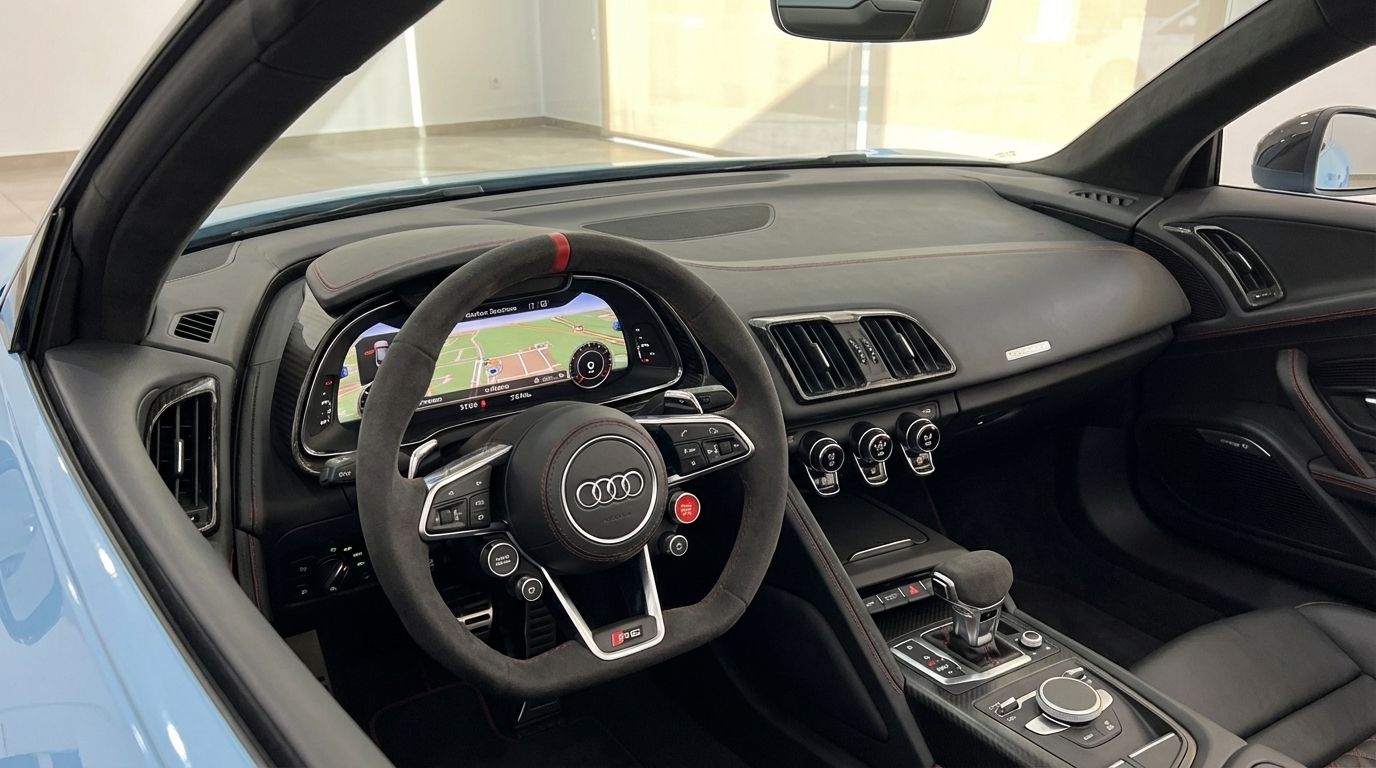 El lujoso interior del Audi R8 Spyder azul claro 2022, mostrando su volante, cabina virtual y consola central en Madrid.