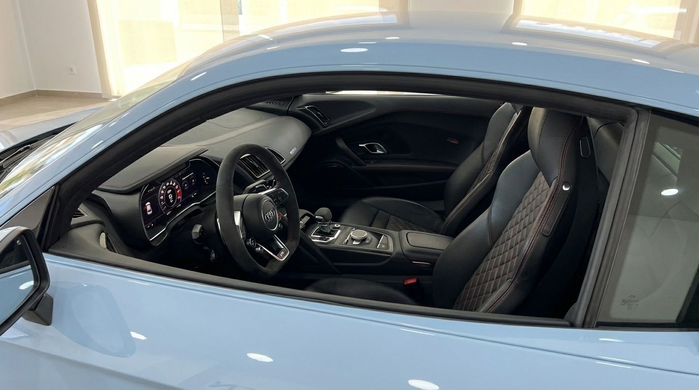 El lujoso interior de cuero negro del Audi R8 Spyder azul claro, con salpicadero detallado y asientos acolchados, visible desde el lateral en Madrid.