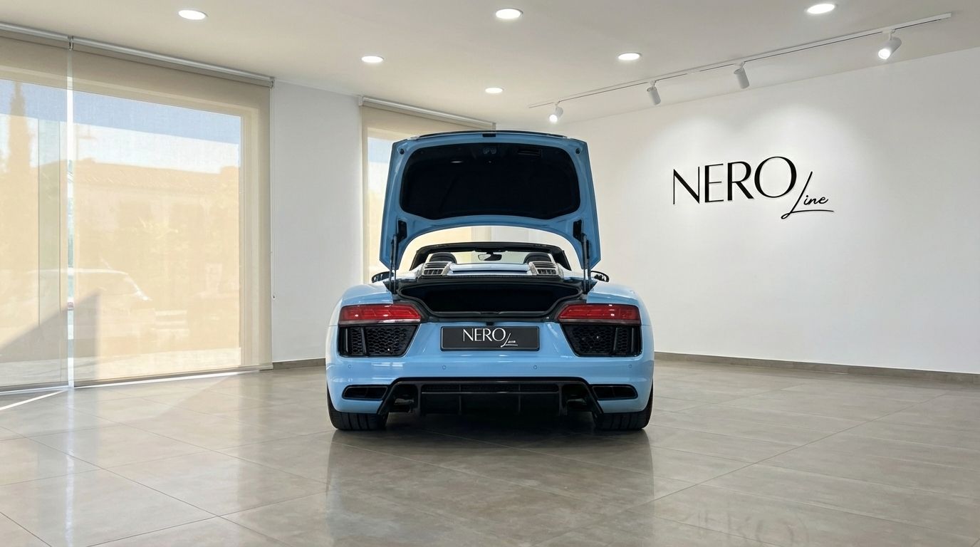 El Audi R8 Spyder azul claro se ve desde la parte trasera con el maletero abierto, estacionado en un concesionario en Madrid.
