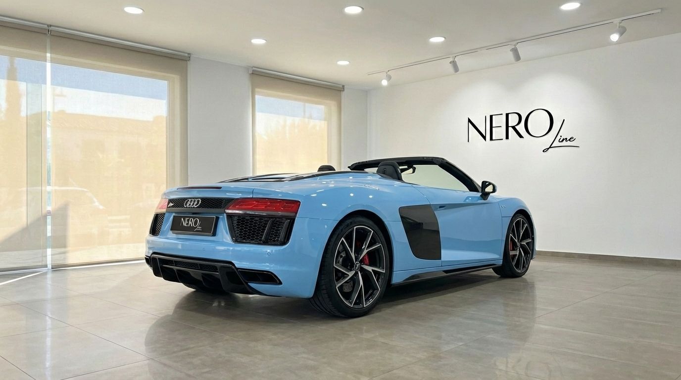 El descapotable Audi R8 Spyder azul claro está aparcado en un concesionario, visto desde el ángulo trasero tres cuartos en Madrid.