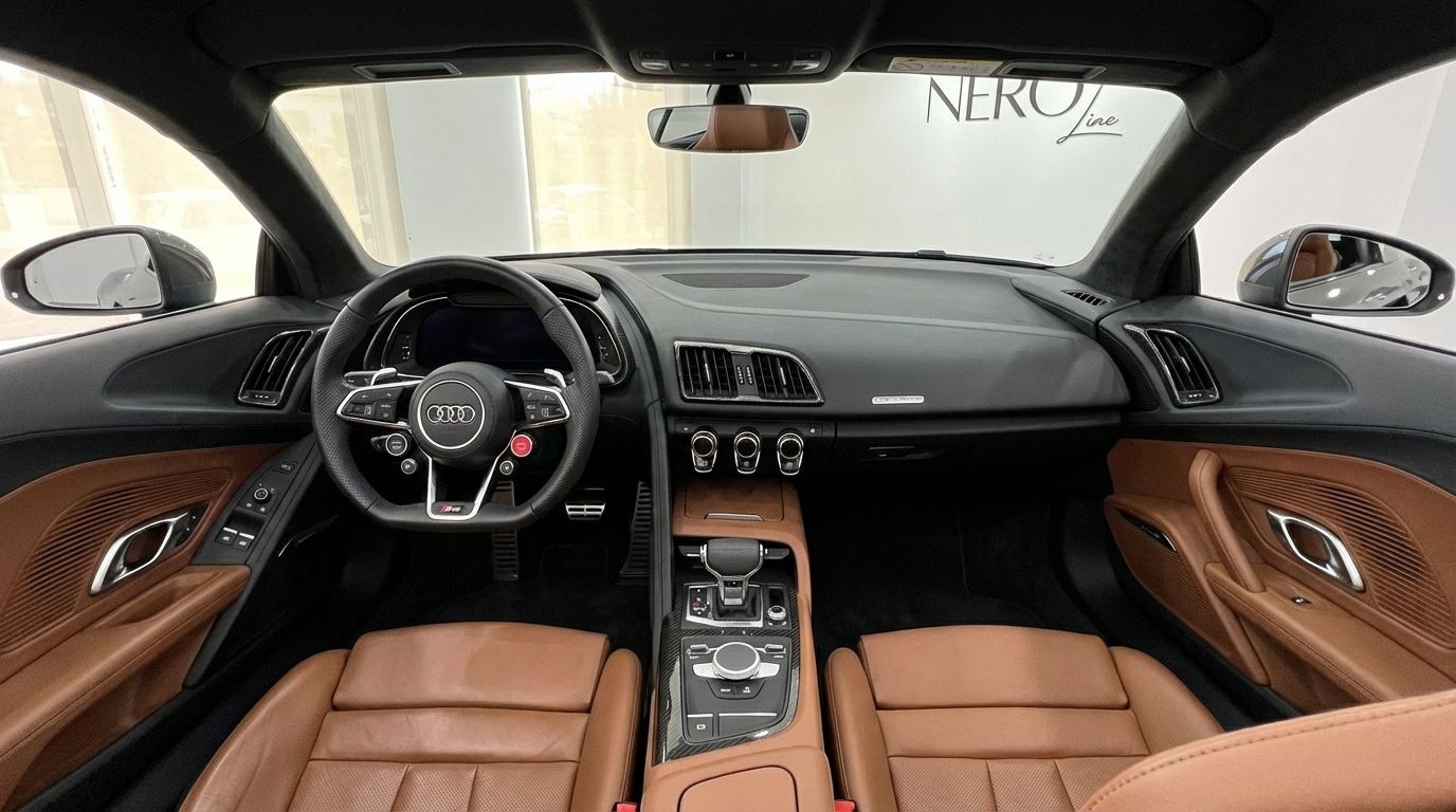 The luxurious brown leather interior of the Audi R8 V10 Spyder Performance, showcasing the dashboard and steering wheel in Marbella.