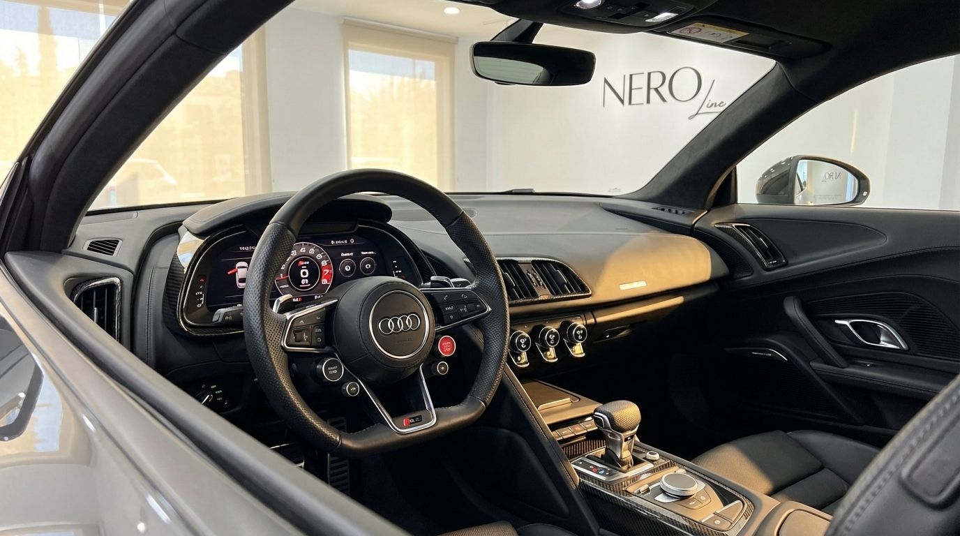 The luxurious interior of the 2023 Audi R8 V10 Spyder Performance in metallic gray, showing the steering wheel and dashboard in Marbella.