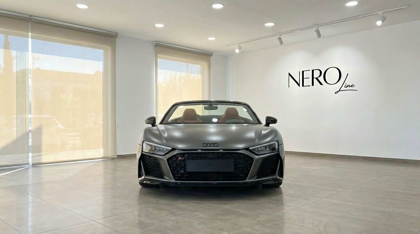 The metallic gray Audi R8 V10 Spyder Performance convertible is parked frontally in a bright showroom in Marbella, showcasing its open top and tan interior.
