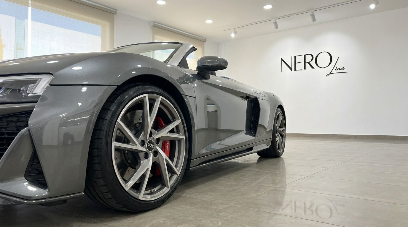 The metallic gray Audi R8 V10 Spyder Performance is showcased from a low front-side angle, highlighting its wheel with red calipers in a Marbella showroom.