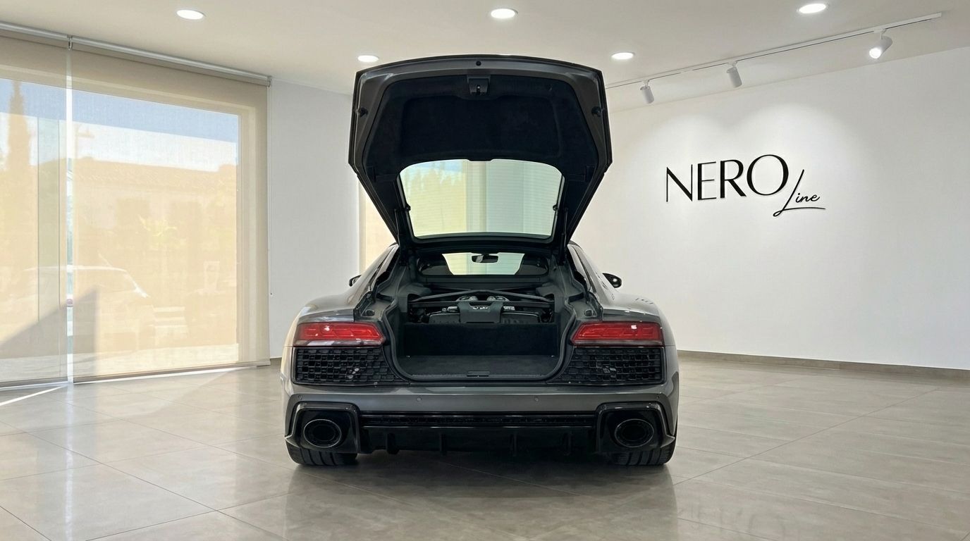 The metallic gray Audi R8 V10 Spyder Performance is shown from the rear with its engine bay open in a showroom in Marbella.