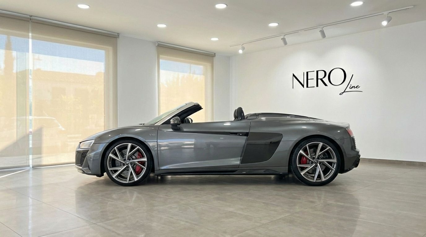 The metallic gray Audi R8 V10 Spyder Performance convertible is showcased from its side profile in a bright Marbella showroom.