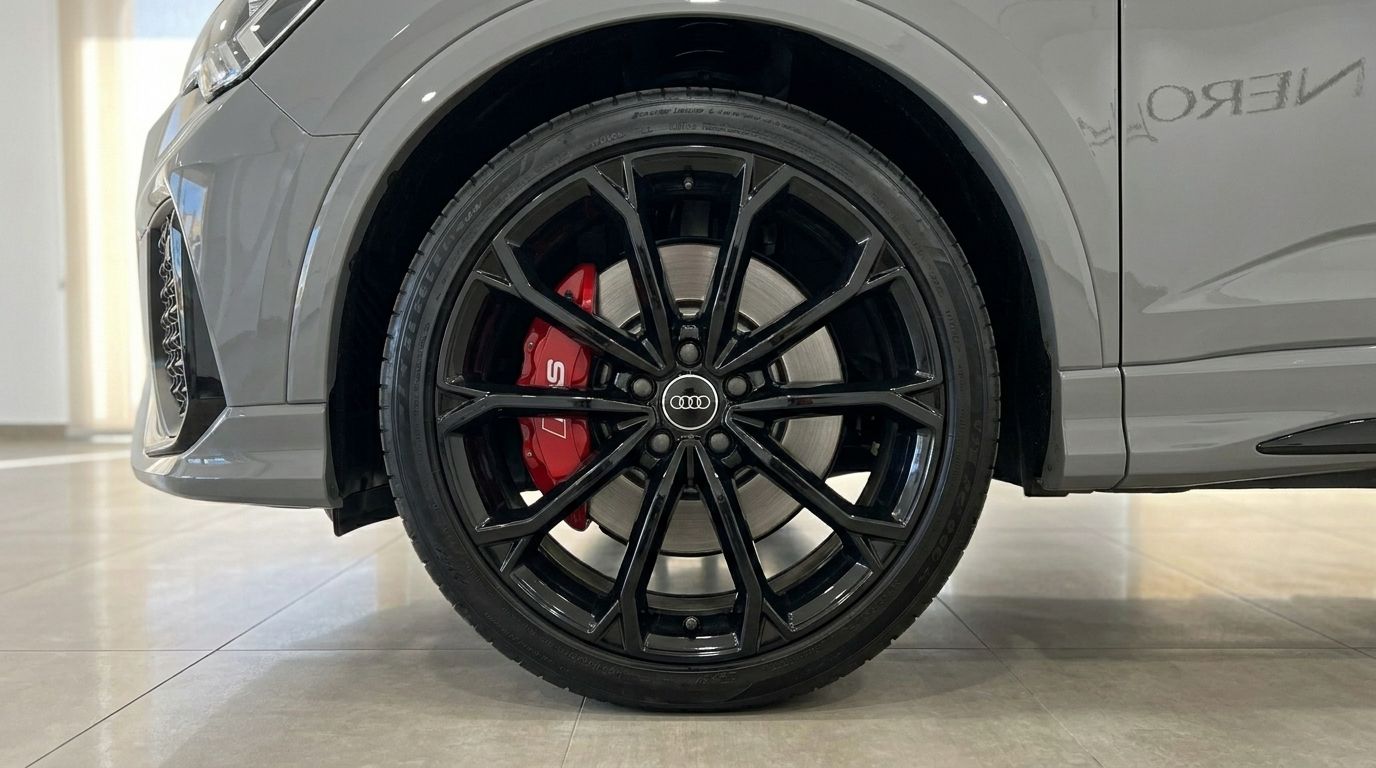 The front wheel of the Audi RS Q3 in gloss Nardo Grey, showcasing its black multi-spoke rim and red brake caliper in Marbella.