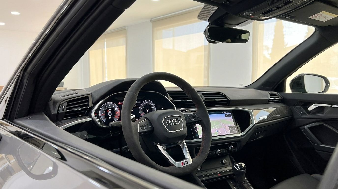 The luxurious interior of the 2022 Audi RS Q3 in Marbella, featuring the steering wheel, dashboard, and infotainment screen.