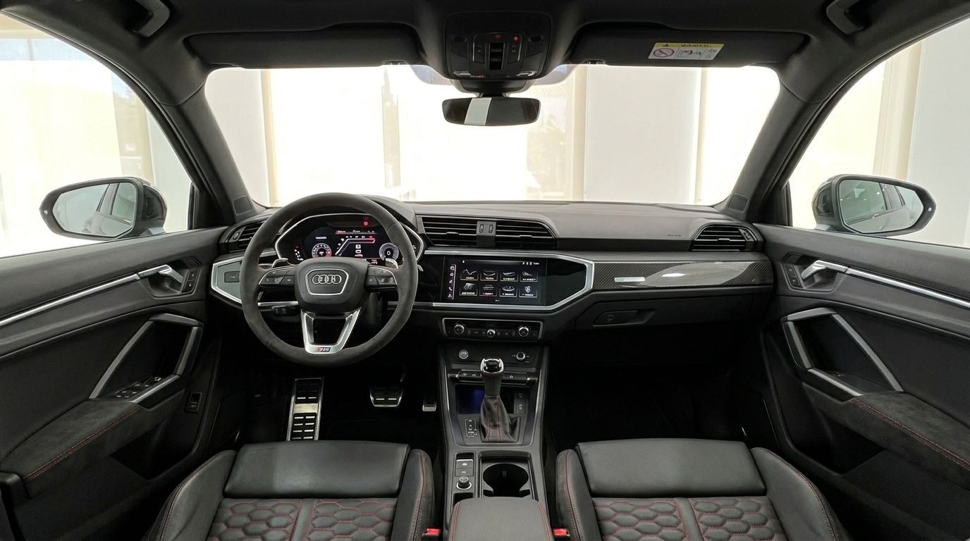 The luxurious interior of the 2022 Audi RS Q3 in Marbella, featuring the steering wheel, dashboard, and quilted seats.