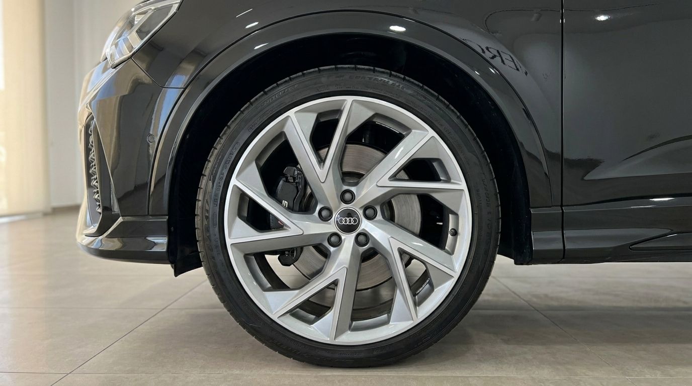 The 2022 Audi RS Q3's front wheel with its distinctive silver multi-spoke alloy rim and brake caliper is prominently displayed in Alicante.