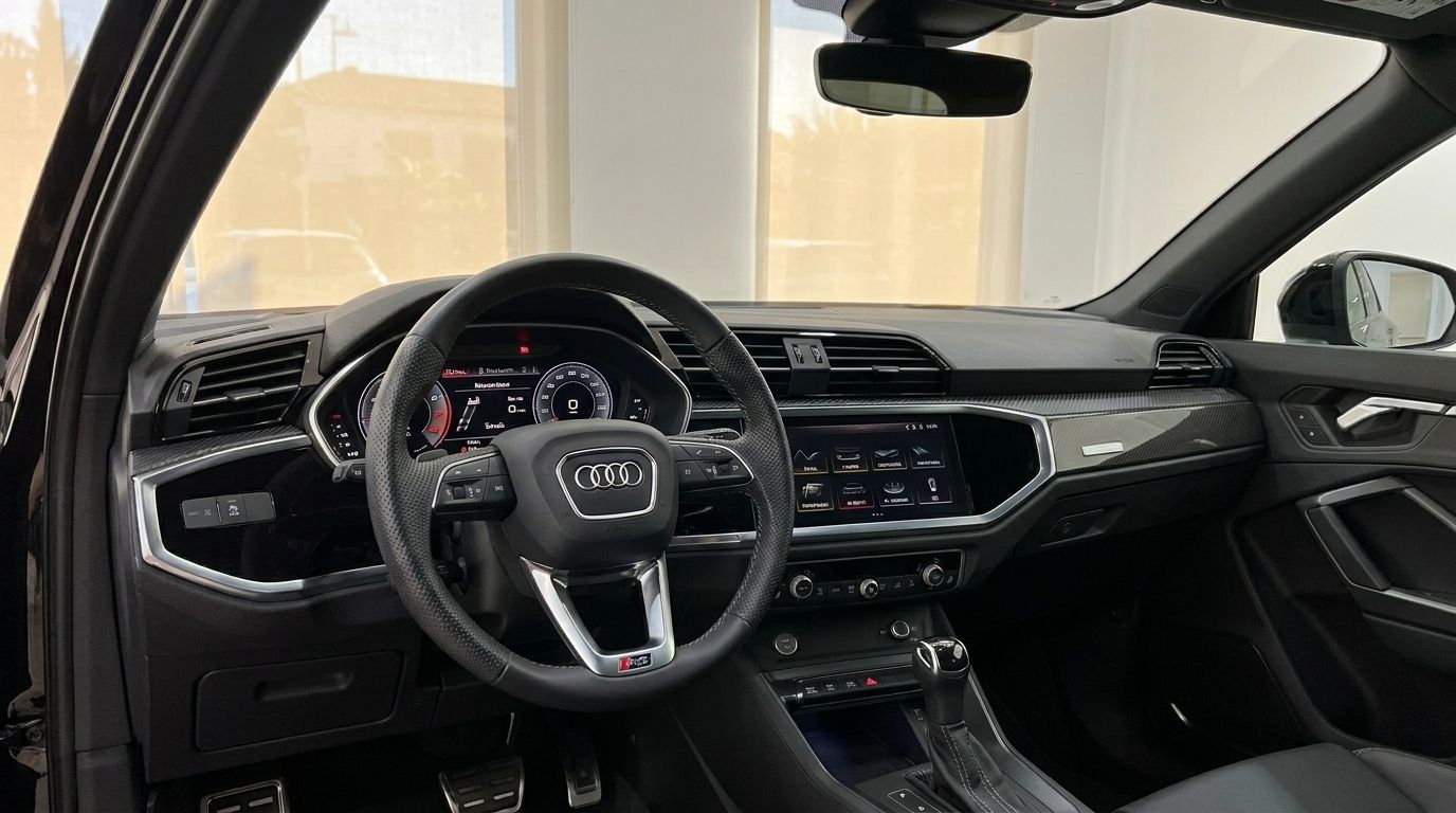 The luxurious interior cockpit of the Audi RS Q3 in Alicante, featuring the steering wheel, digital display, and dashboard.