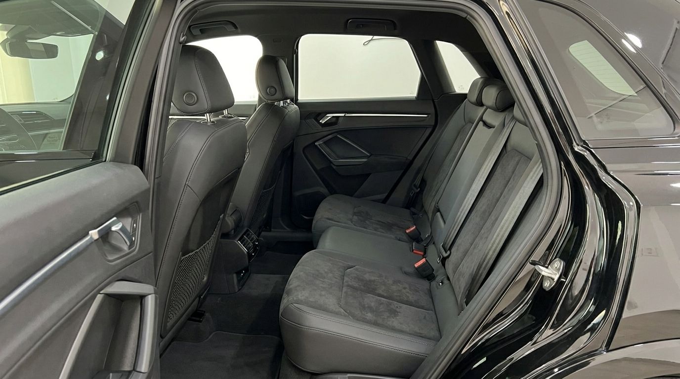 The Audi RS Q3's luxurious rear interior features black leather and Alcantara seats, visible from the open door in Alicante.