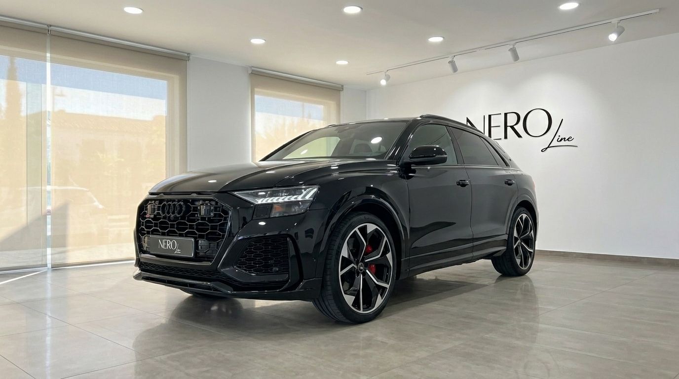 L'élégant Audi RS Q8 noir de 2022 est présenté de trois quarts avant dans un showroom moderne Nero Line à Marbella.