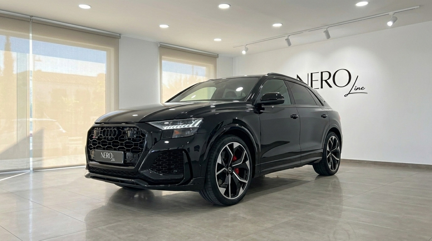 Audi RS Q8 — SUV de Luxe et Performance en Showroom L'élégant Audi RS Q8 noir de 2022 est présenté de trois quarts avant dans un showroom moderne Nero Line à Marbella.