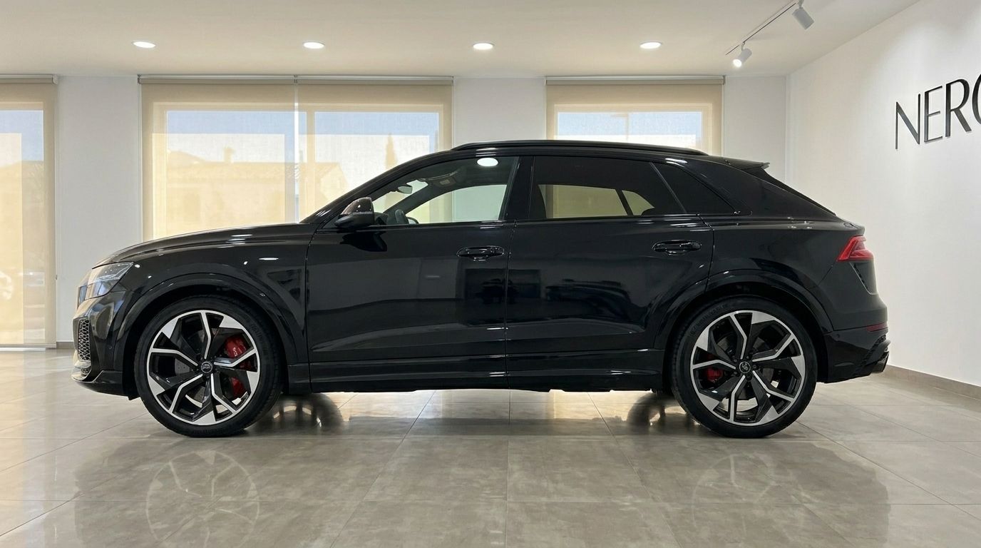 L'élégant Audi RS Q8 noir brillant de 2022 est exposé dans un showroom, présentant son profil latéral à Marbella.