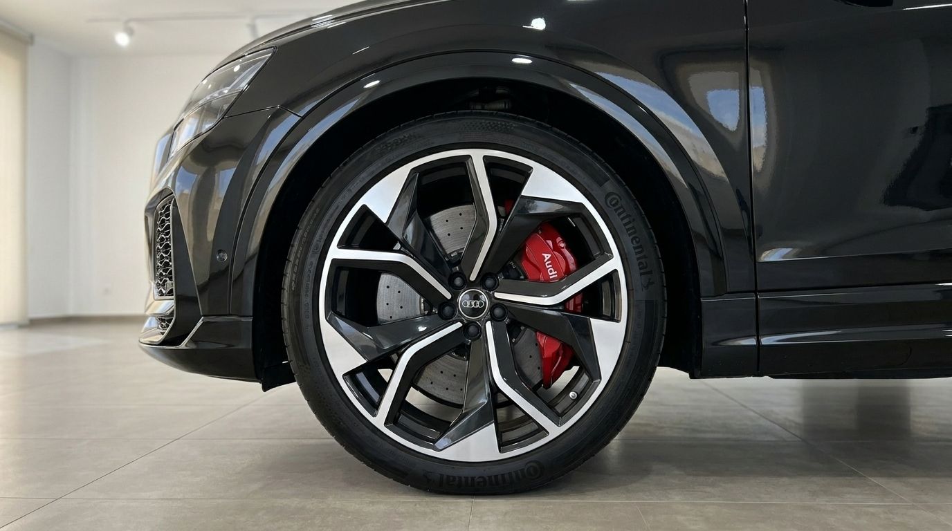 La roue avant de l'Audi RS Q8 2022 noir brillant, avec ses jantes noires et argentées et son étrier de frein rouge, à Marbella.