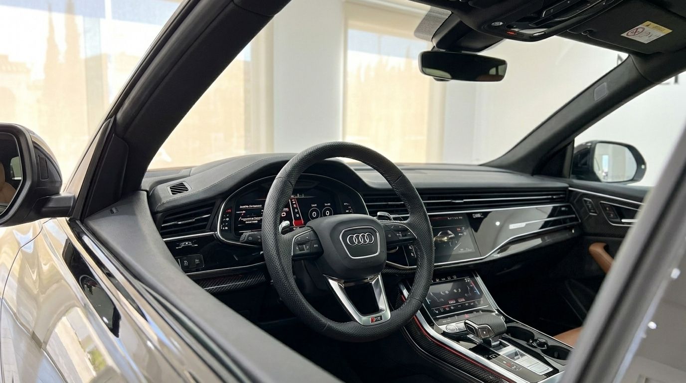 L'intérieur luxueux de l'Audi RS Q8 2022 à Marbella, présentant le volant et le tableau de bord numérique avancé.