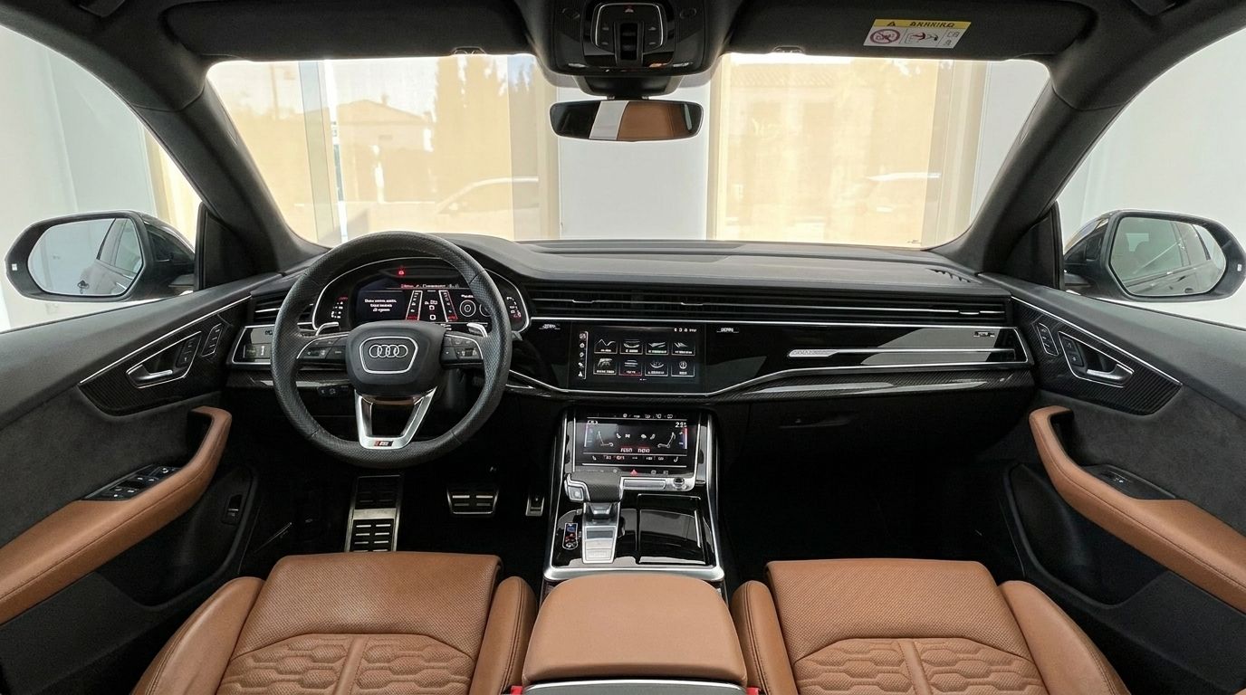L'intérieur luxueux et le poste de pilotage de l'Audi RS Q8 2022 à Marbella, avec des sièges en cuir marron et un tableau de bord moderne.