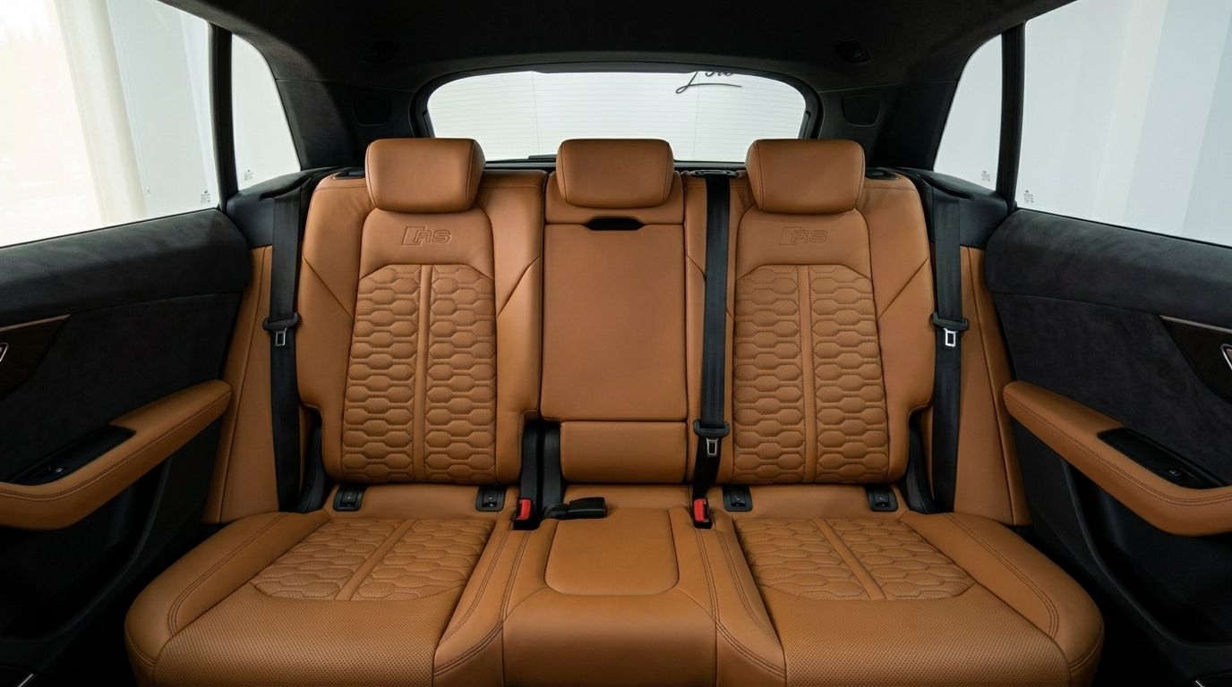Les luxueux sièges arrière en cuir marron de l'Audi RS Q8, avec l'emblème 'RS', sont visibles de l'avant à Marbella.