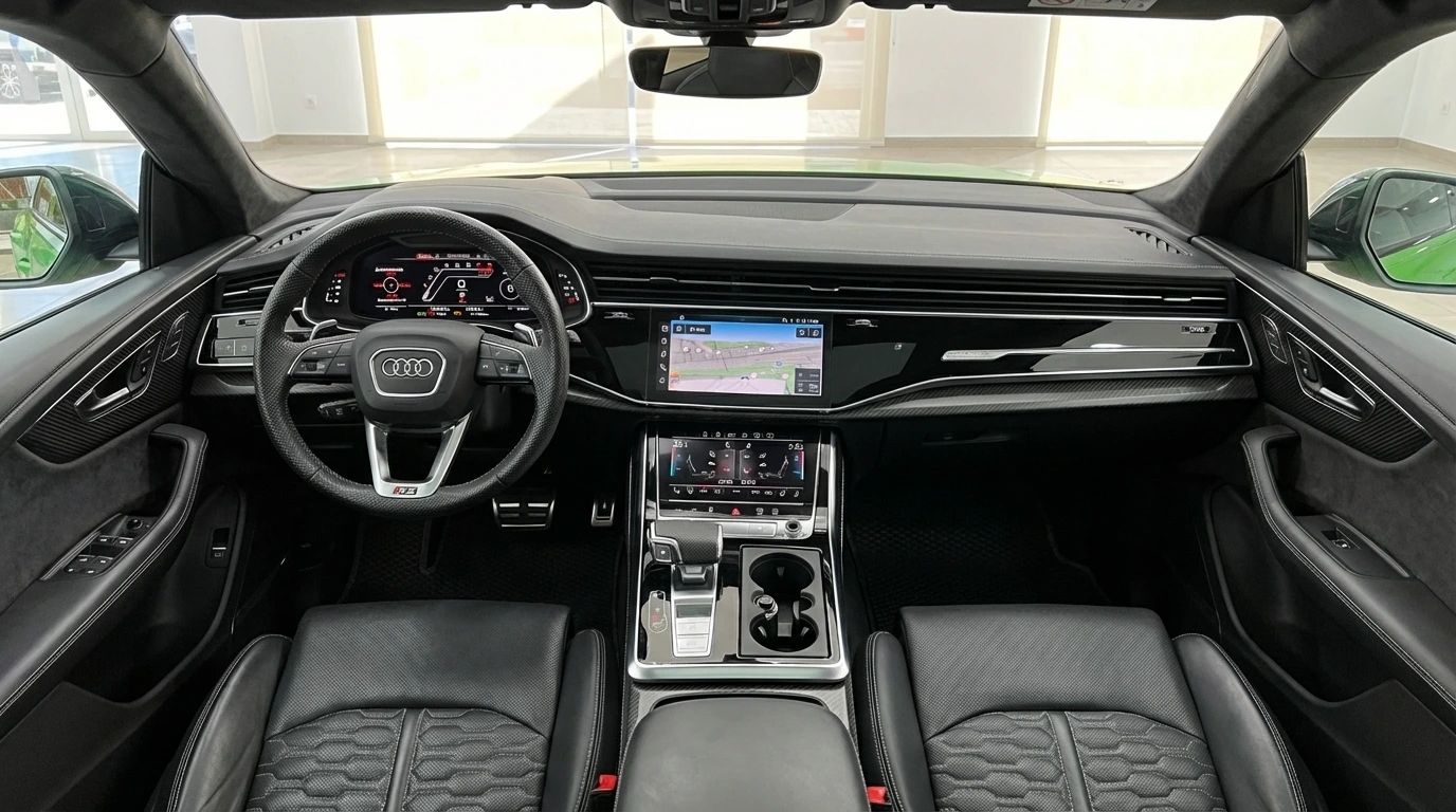El lujoso interior y la avanzada cabina del Audi RS Q8 en Madrid, con pantallas duales y asientos de cuero negro premium.