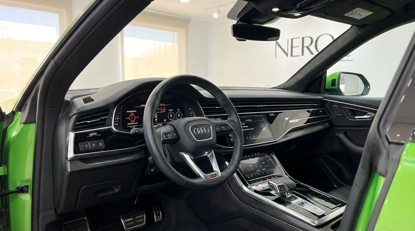 Lujoso interior del Audi RS Q8 en verde neón, con volante, salpicadero digital y consola central en Madrid.
