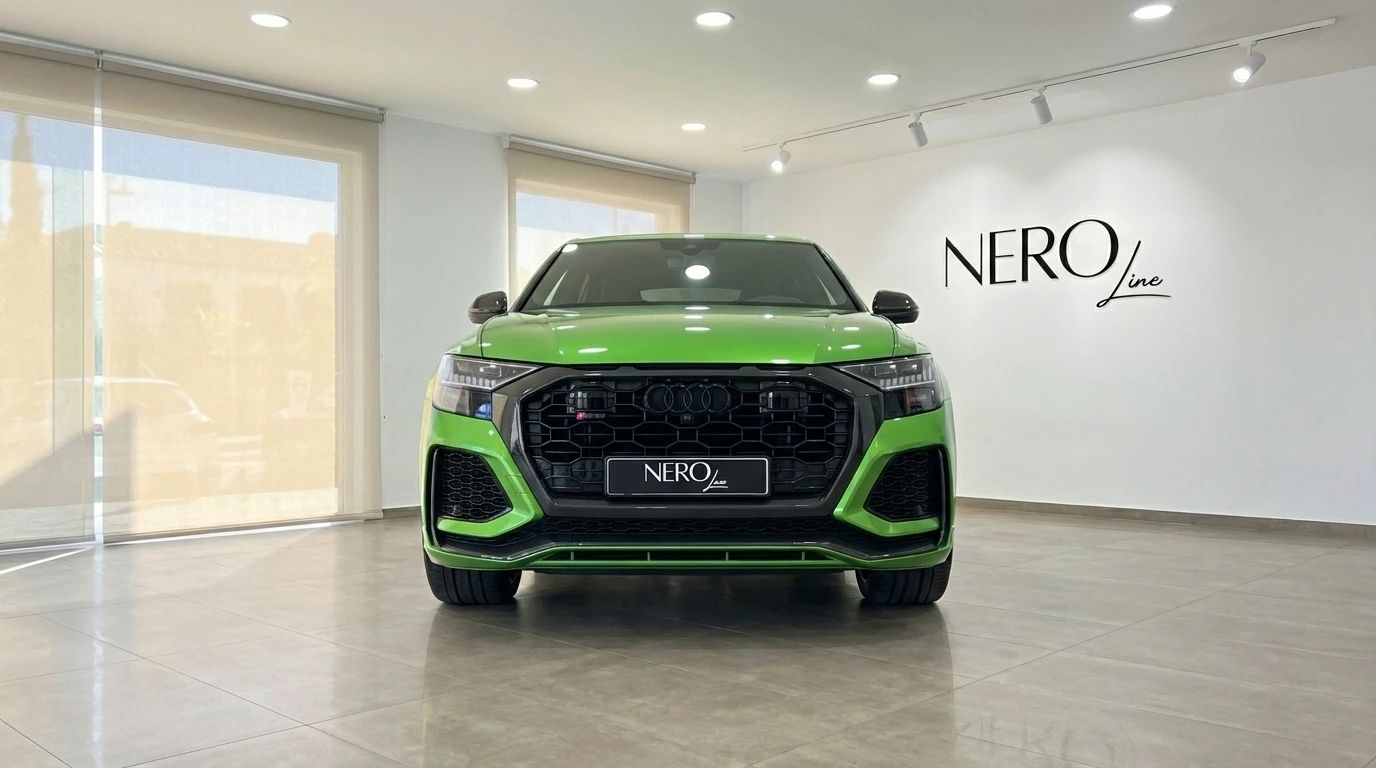 El vibrante Audi RS Q8 verde neón, un SUV de lujo, se exhibe prominentemente desde una vista frontal en un concesionario en Madrid.
