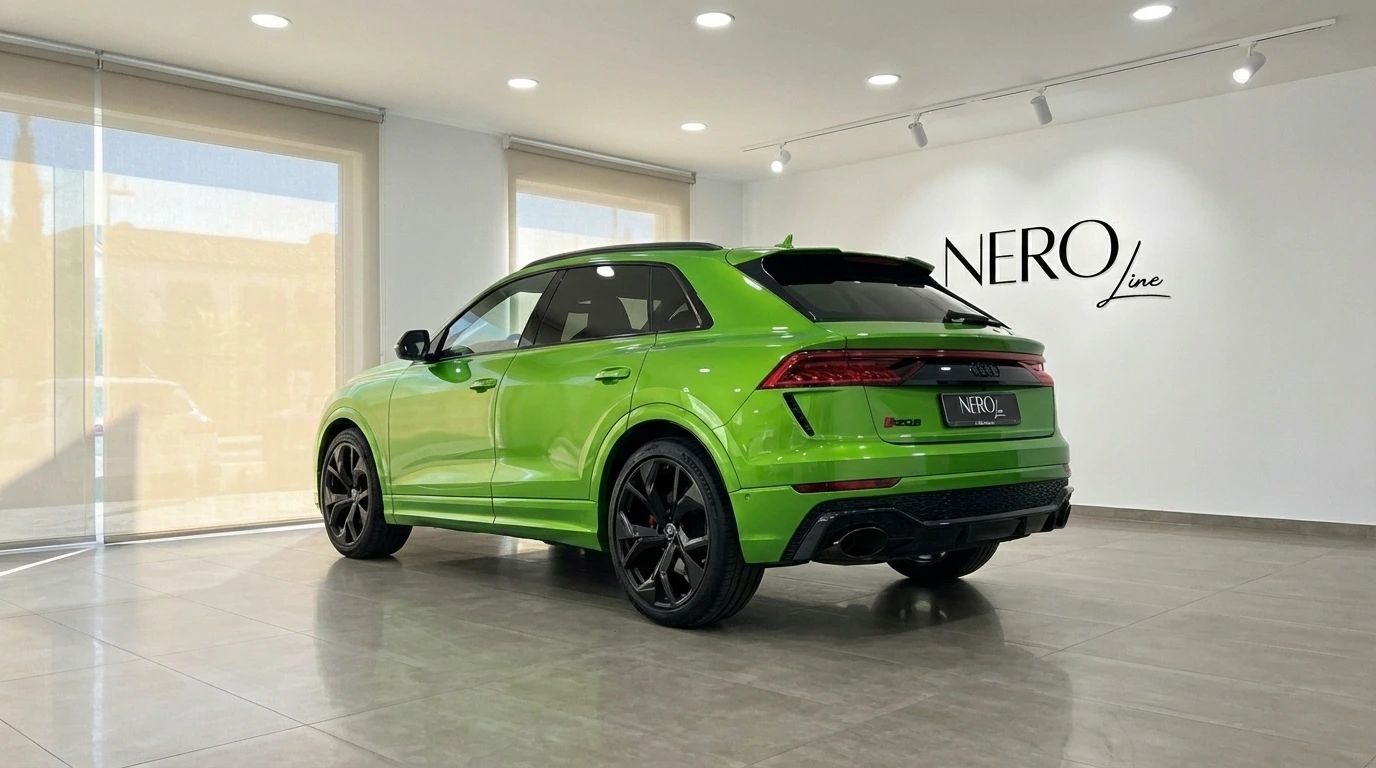El Audi RS Q8 verde neón se exhibe desde un ángulo trasero tres cuartos en una luminosa sala de exposición en Madrid.
