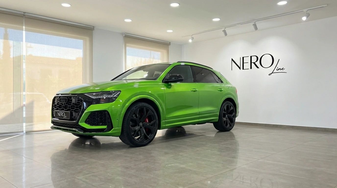 El Audi RS Q8 verde neón, un SUV de lujo y alto rendimiento, se exhibe prominentemente en un moderno concesionario de Madrid.