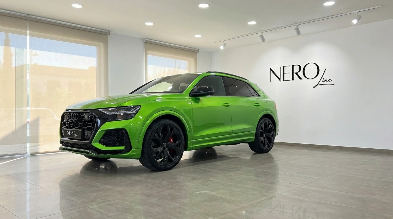 Audi RS Q8 — SUV Verde Neón en Showroom Madrid El Audi RS Q8 verde neón, un SUV de lujo y alto rendimiento, se exhibe prominentemente en un moderno concesionario de Madrid.