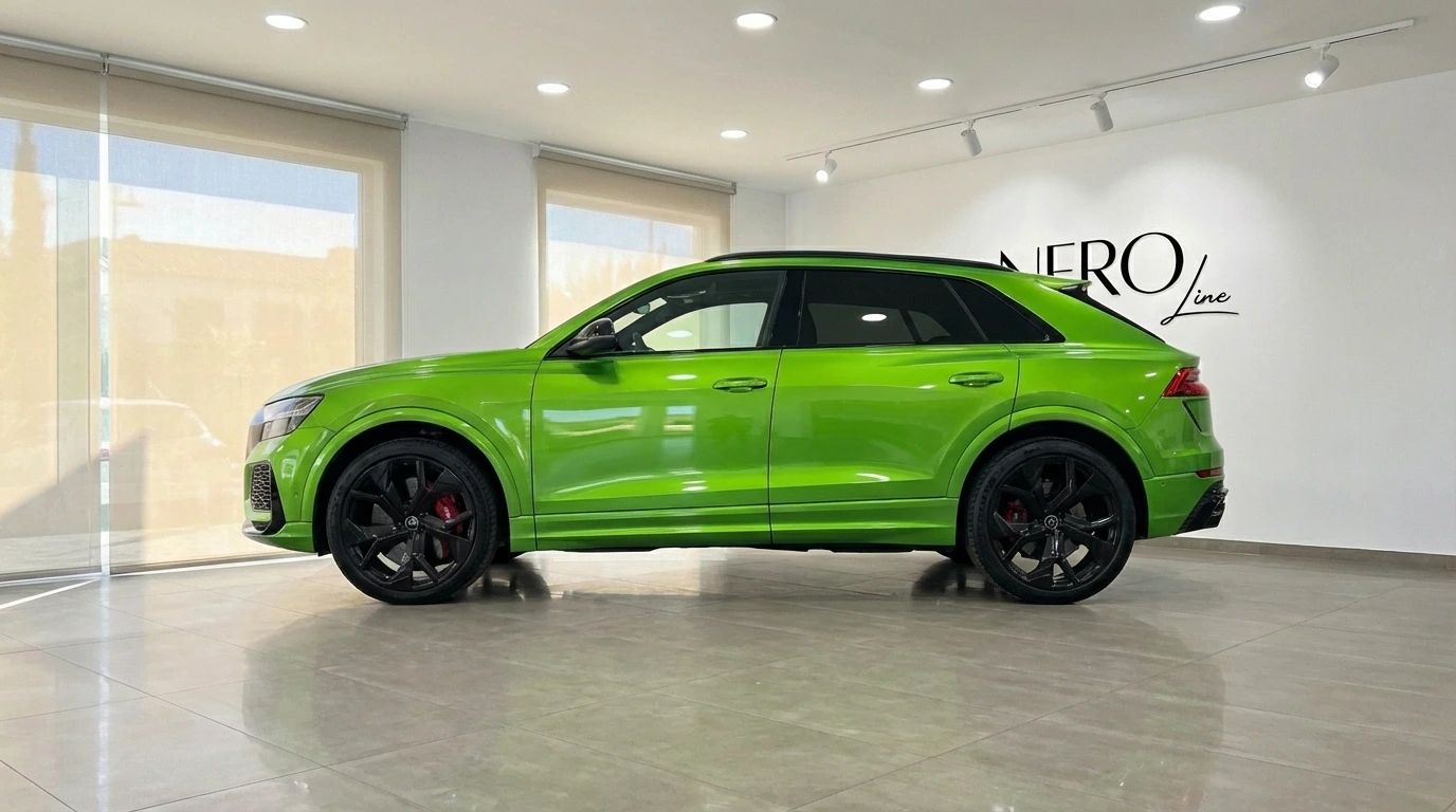 El llamativo Audi RS Q8 2021 verde neón se exhibe de perfil lateral en un lujoso concesionario en Madrid.