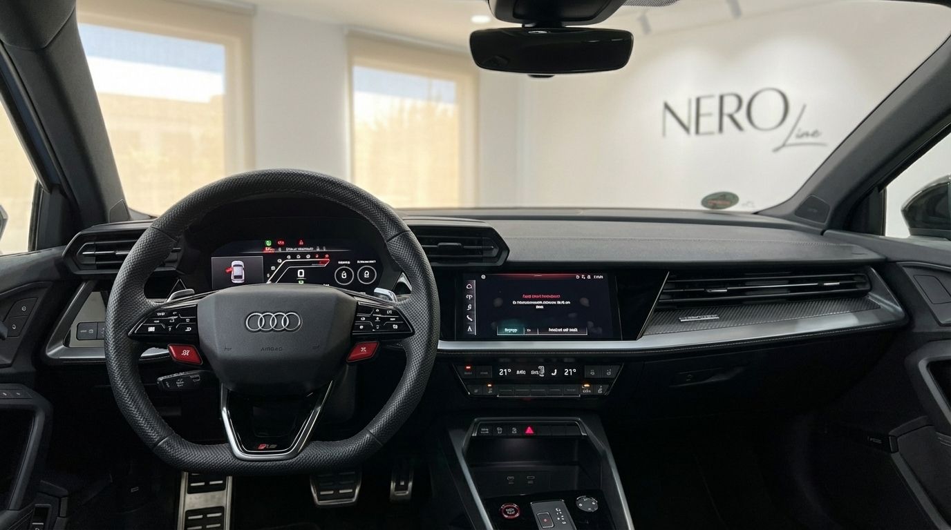 The luxurious interior of the Audi RS3 in Marbella, featuring the steering wheel, digital cockpit, and infotainment screen.