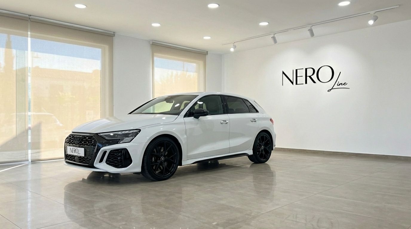 The pearl white Audi RS3 is showcased from a front three-quarter angle in a modern Nero Line showroom in Marbella.