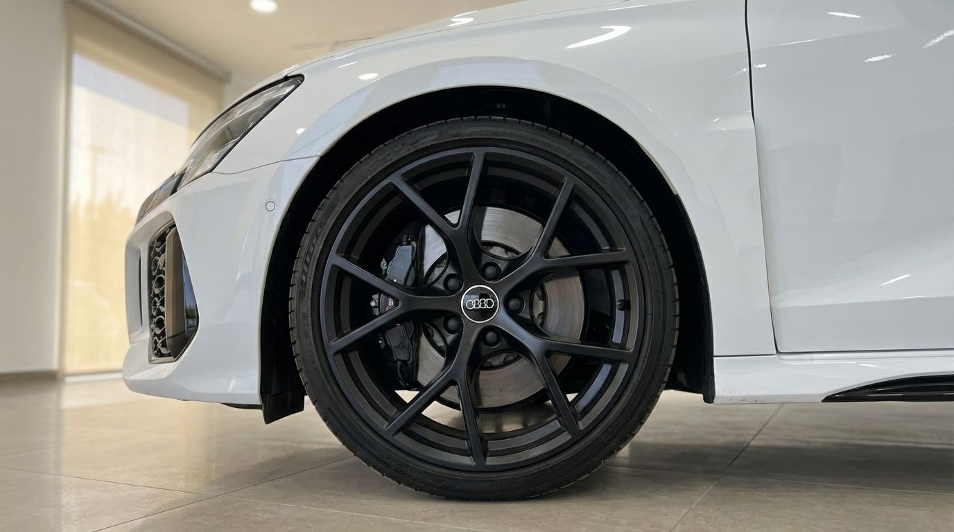 The white Audi RS3 features a prominent black multi-spoke front wheel and part of its aggressive front bumper, located in Marbella.