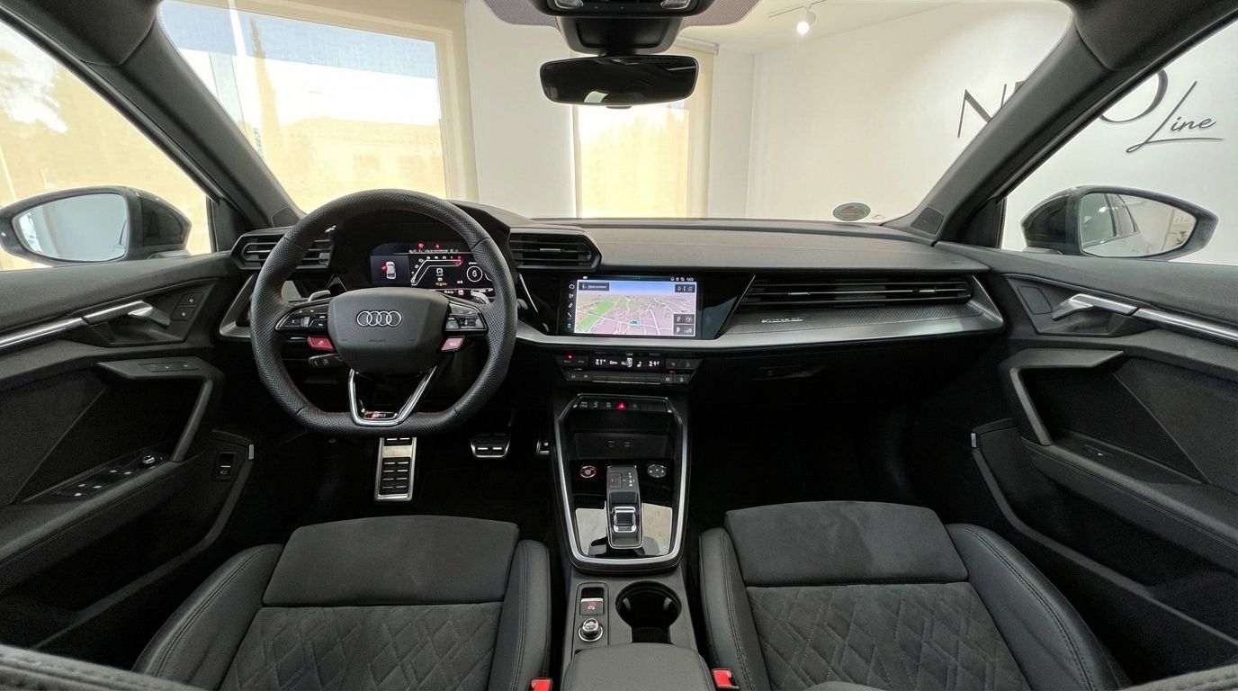 The luxurious interior of the 2025 Audi RS3 in Marbella, showcasing its modern dashboard, steering wheel, and infotainment system.