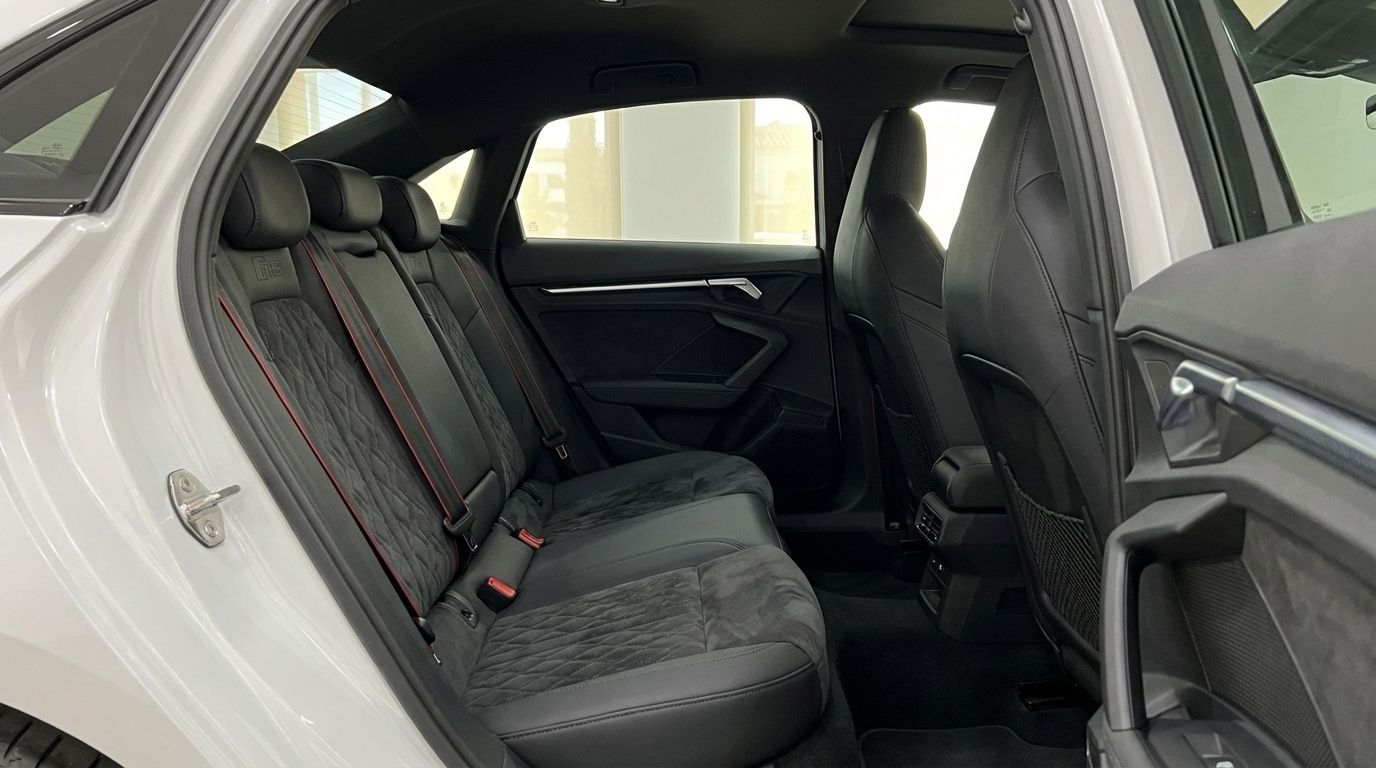The Audi RS3's luxurious rear interior features black leather and suede seats with red stitching, showcasing comfort in Marbella.