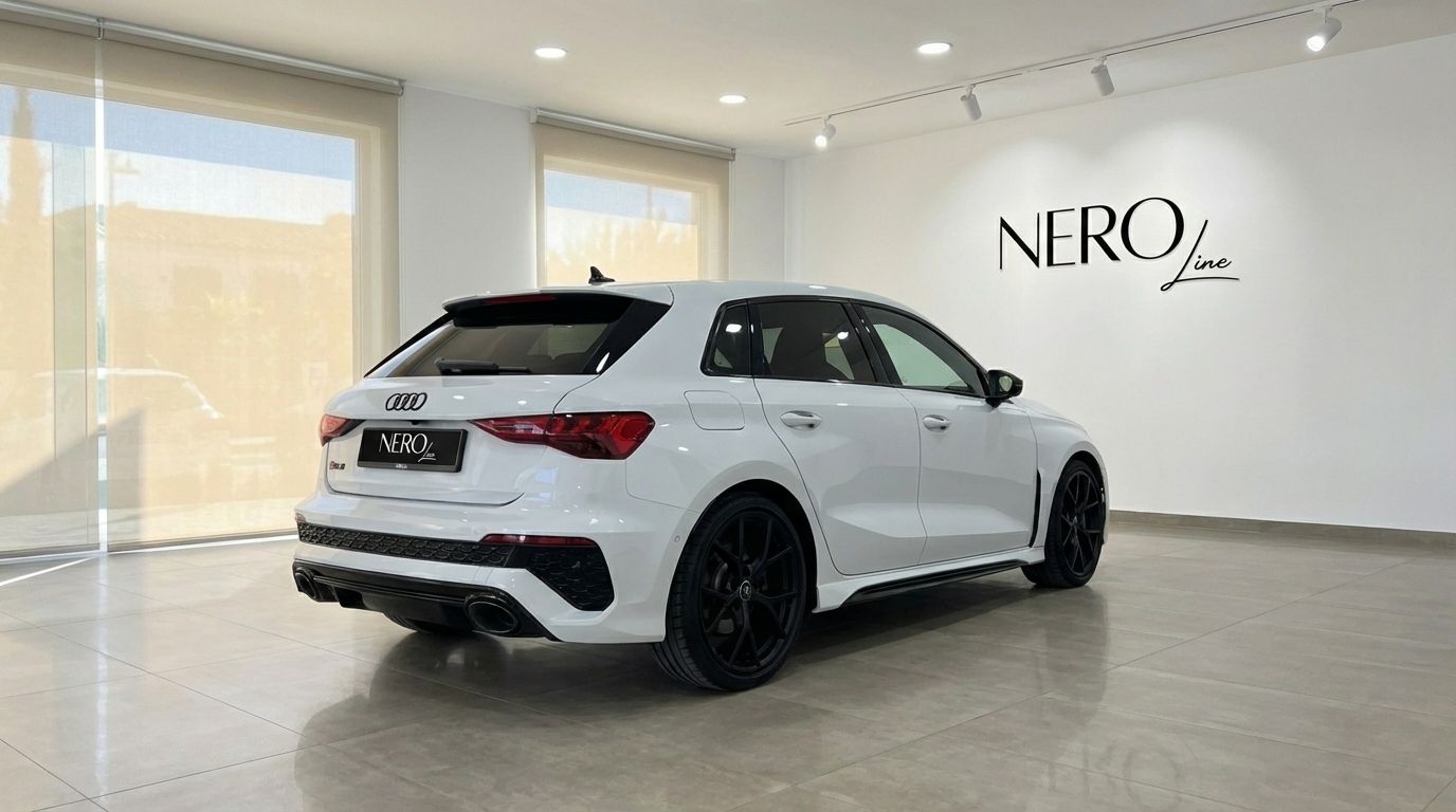 A pearl white Audi RS3 is parked in a showroom, showcasing its sleek rear three-quarter view and black wheels in Marbella.
