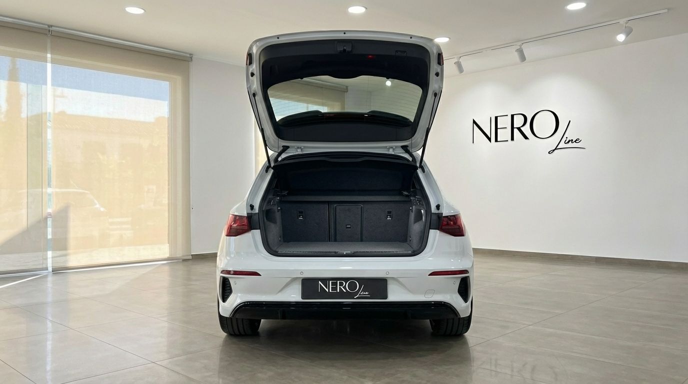 The pearl white 2025 Audi RS3 is shown from the rear with its trunk open, revealing ample cargo space in a showroom in Marbella.