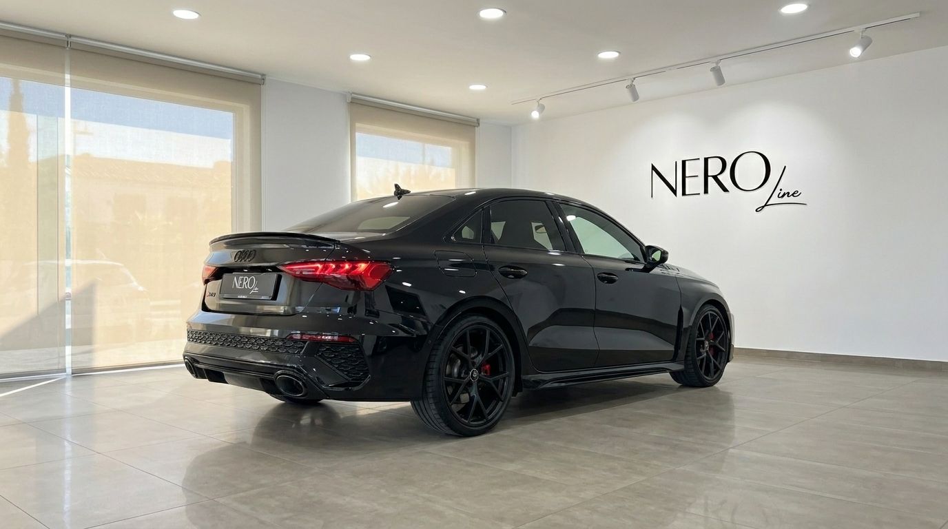 The black 2022 Audi RS3 Saloon is showcased from a rear three-quarter angle in a bright showroom in Marbella.