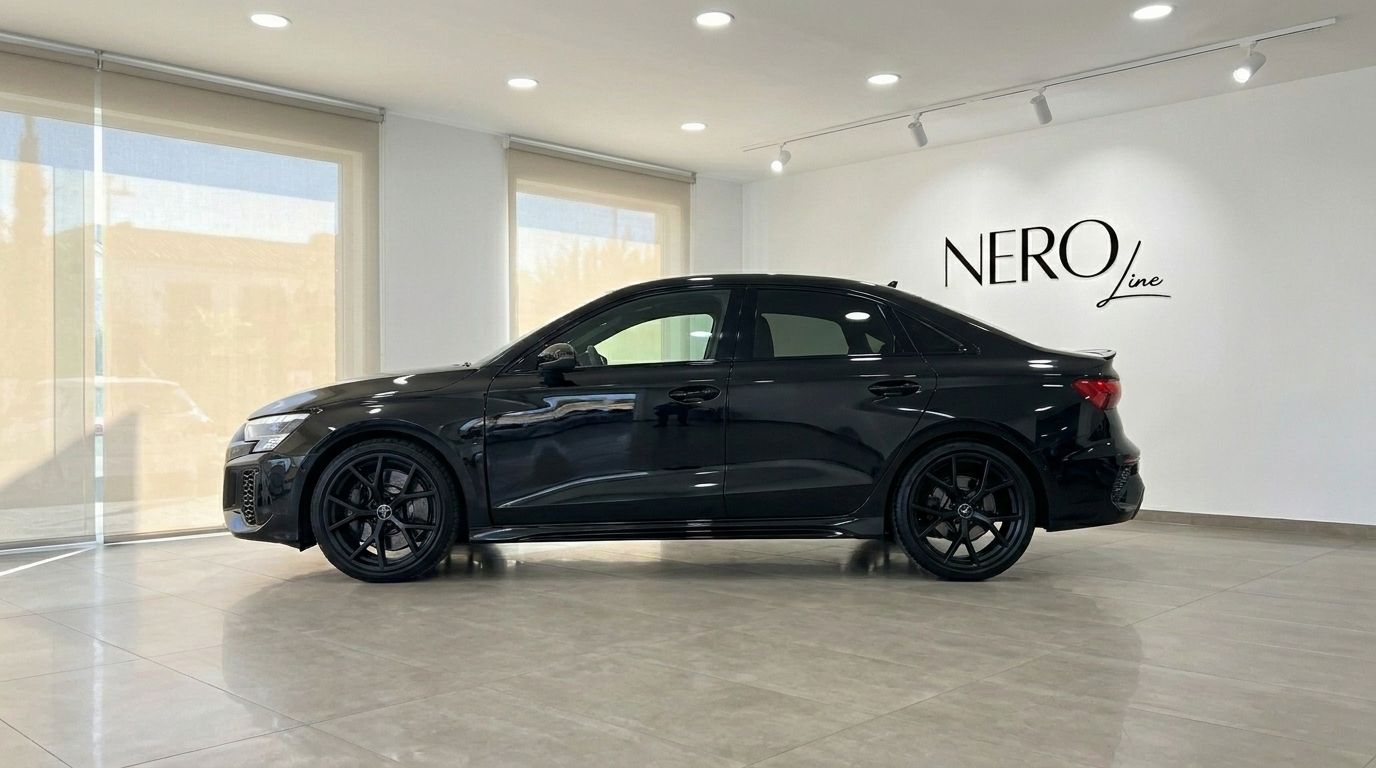 The sleek black 2022 Audi RS3 Saloon is showcased from its side profile, parked indoors in Marbella.