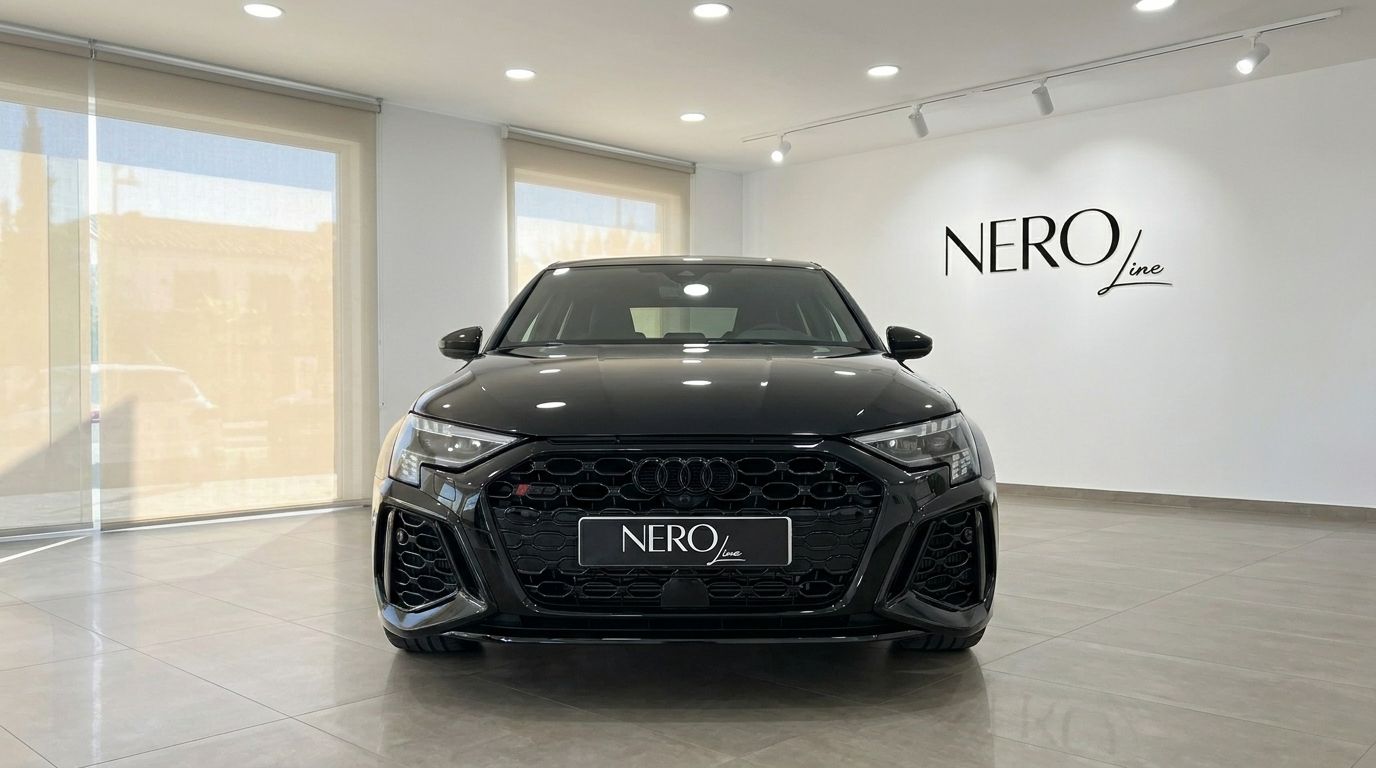 The sleek black Audi RS3 Saloon is prominently displayed from the front in a bright NEROline showroom in Marbella.