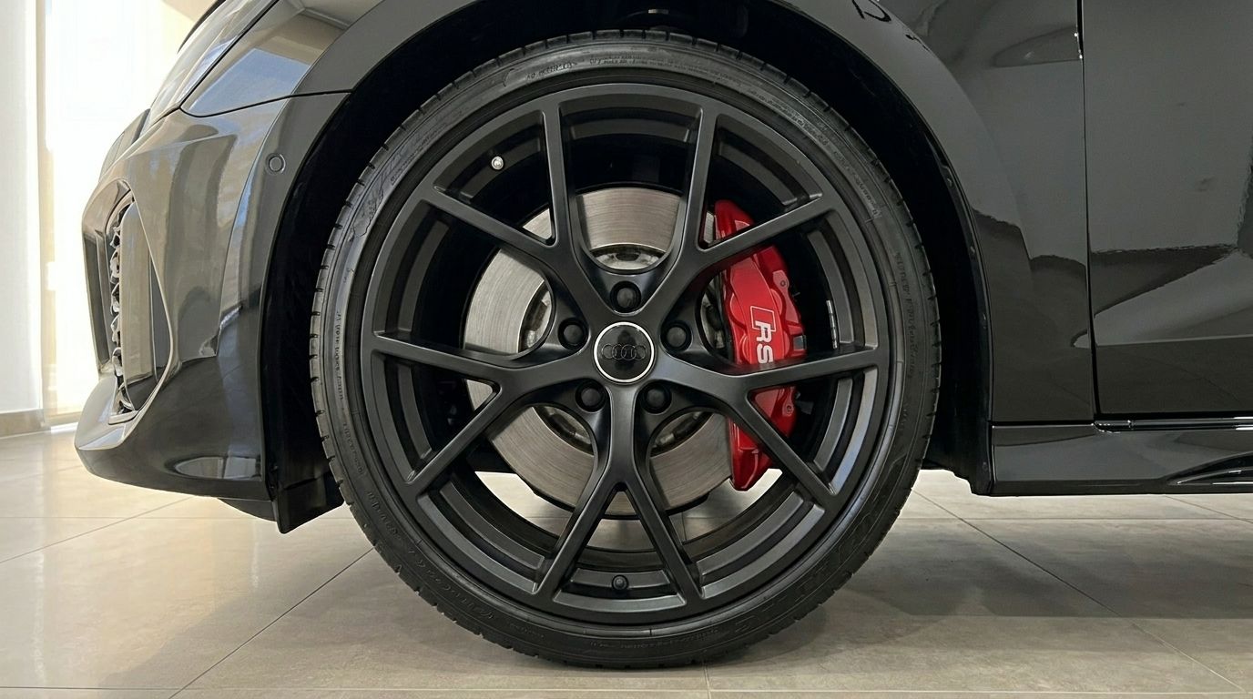 The image shows a close-up of the Audi RS3 Saloon's black alloy wheel with prominent red RS brake calipers in Marbella.