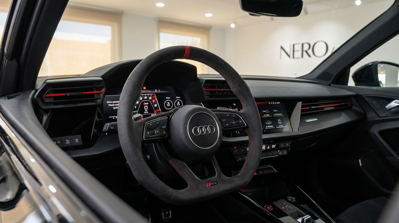 View of the Audi RS3 Saloon's luxurious cockpit in Marbella, featuring the sporty steering wheel and digital dashboard.
