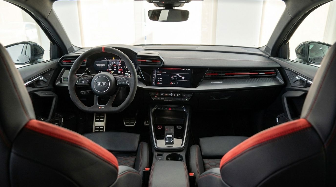 The luxurious interior of the Audi RS3 Saloon, featuring its sporty dashboard, steering wheel, and front seats with red accents, available in Marbella.