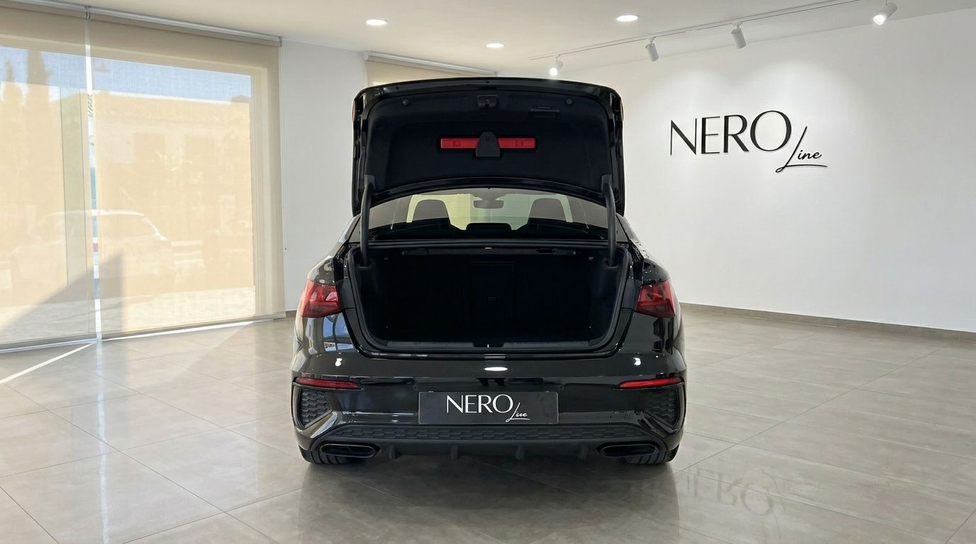 The black Audi RS3 Saloon is shown from the rear with its boot open, revealing ample storage space in a Marbella showroom.