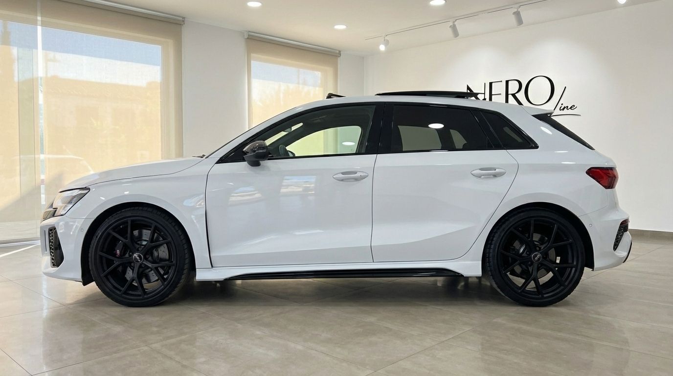 The pearl white 2025 Audi RS3 is showcased in a side profile view, highlighting its sleek design and black wheels in a Marbella showroom.